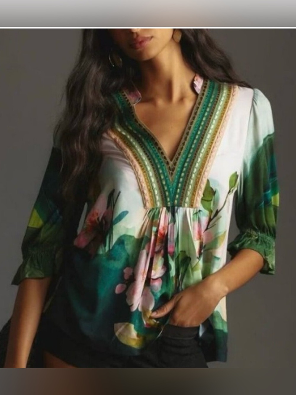 Anthropologie BI'Nk London Stephanie Top M Floral Embroidered Boho Tunic V-Neck - Picture 10 of 12